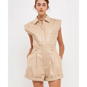 NWT Gray Lab Faux leather pockets neutral romper